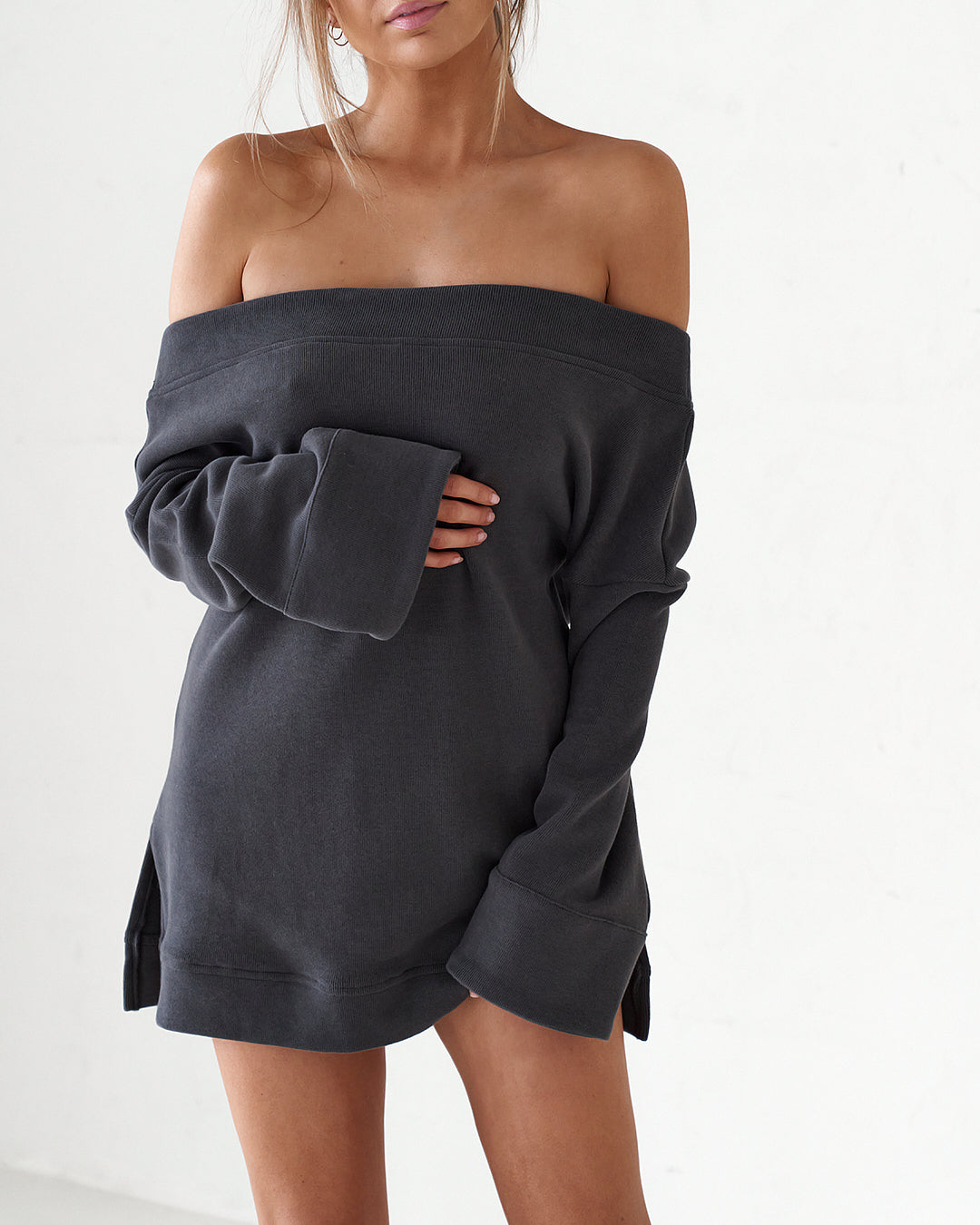 Off The Shoulder Mini Dress - Charcoal