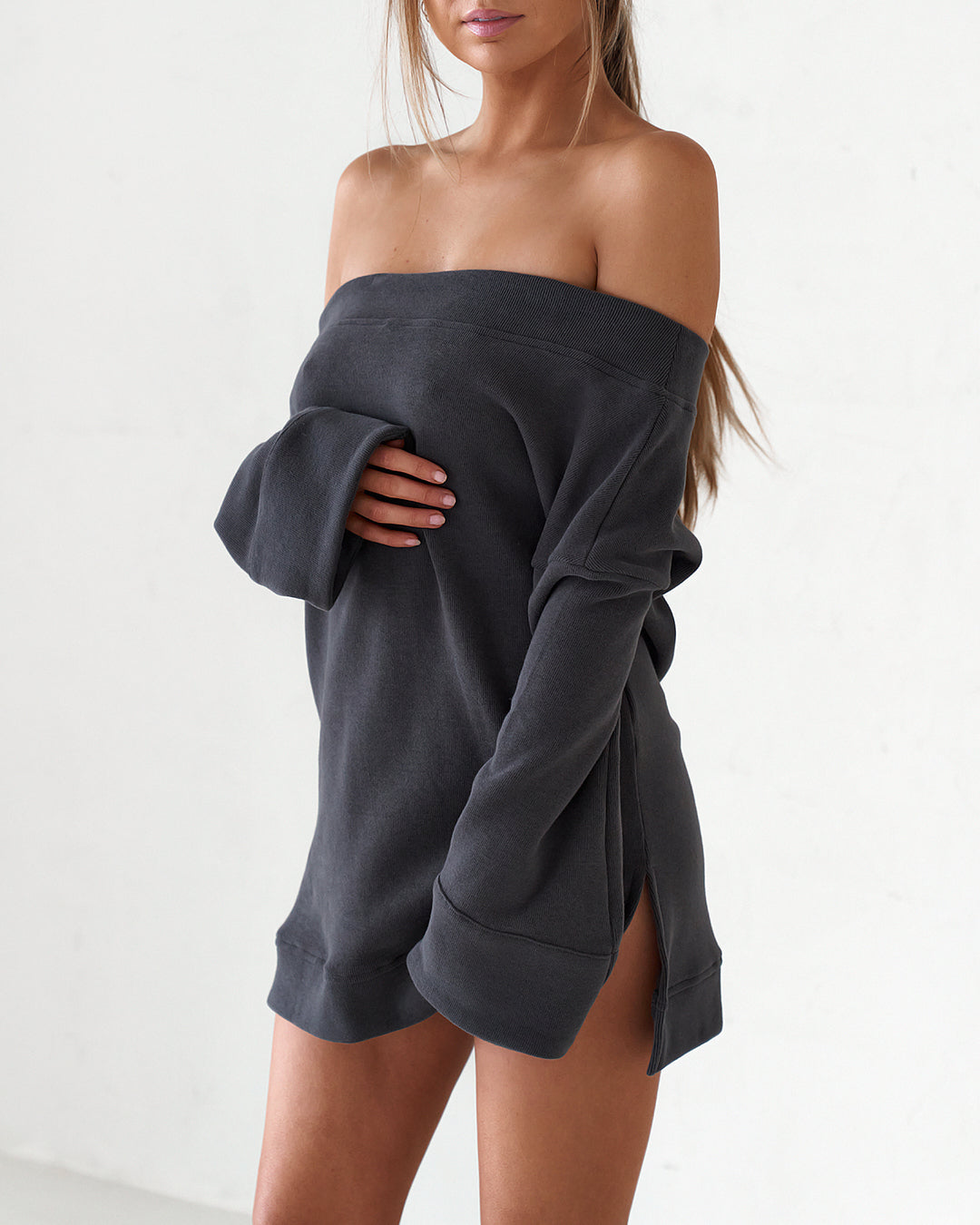 Off The Shoulder Mini Dress - Charcoal