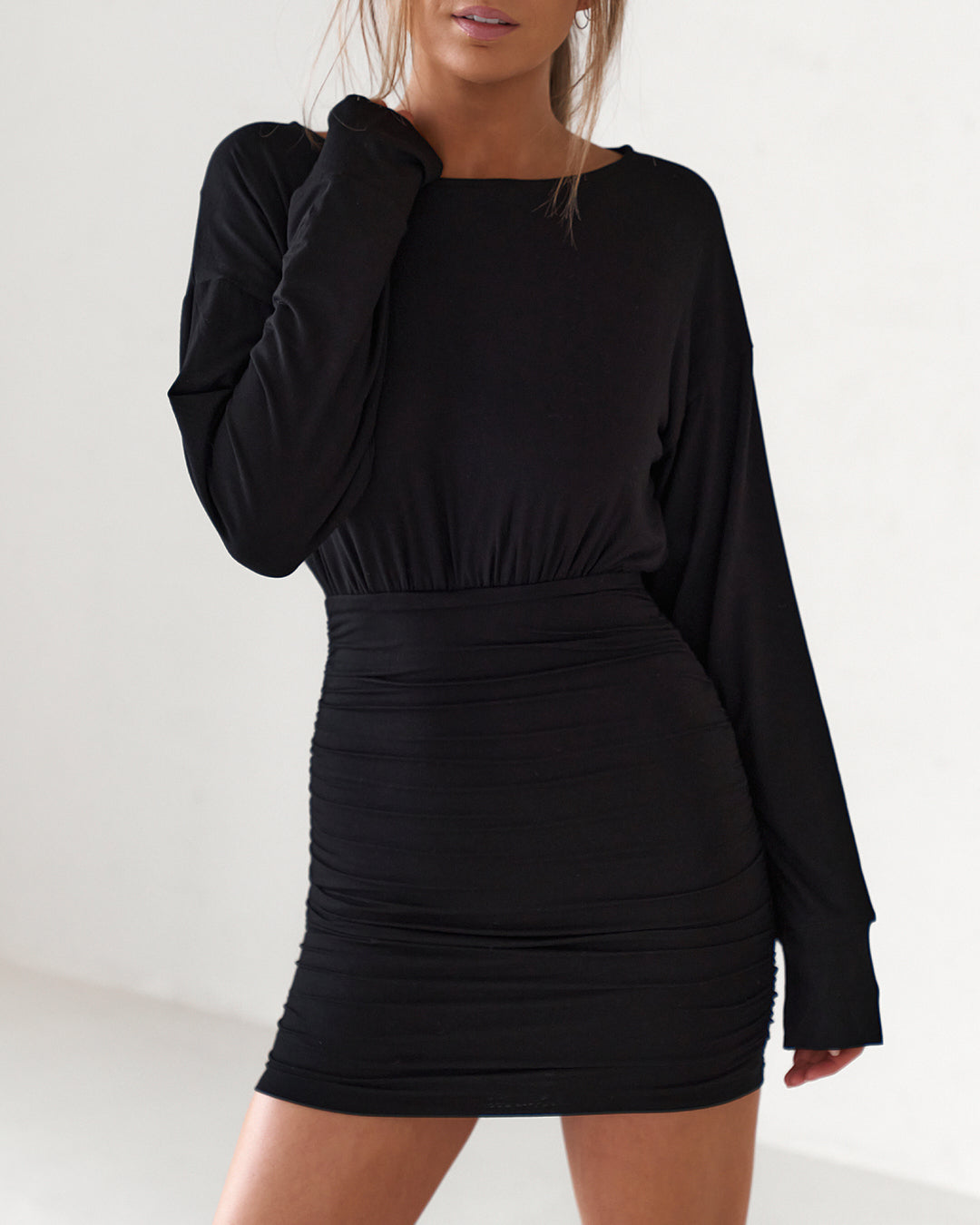Open Back Long Sleeve Mini Dress - Black