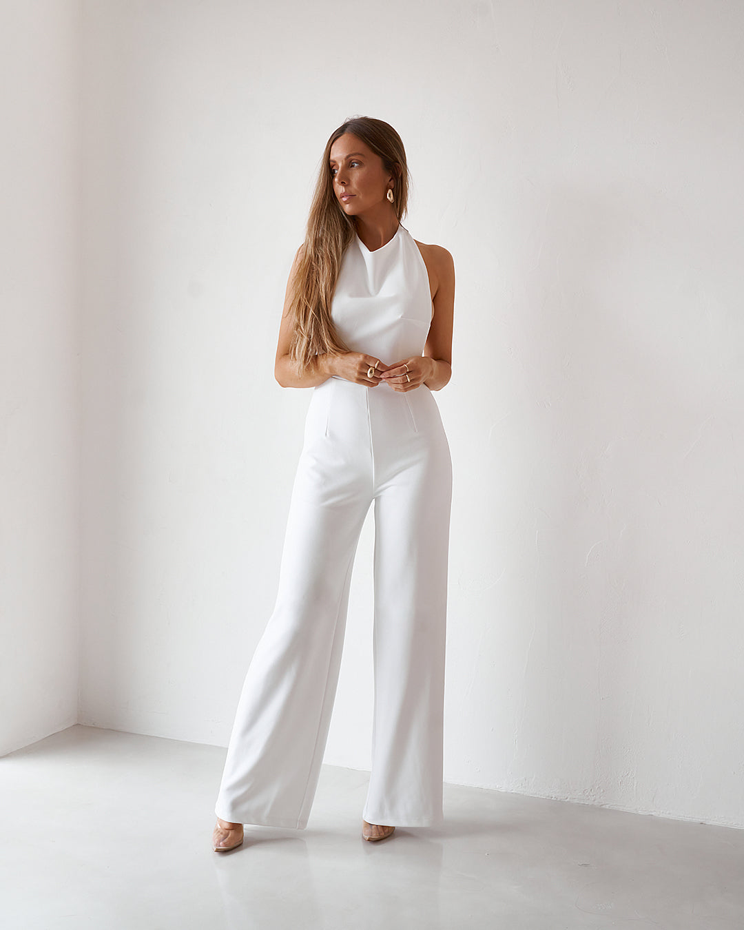 White discount backless jumpsuit